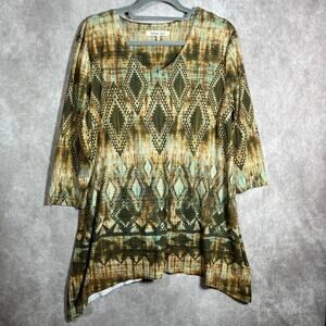 Indigo Soul Tunic Top Womens Large Brown Geometric Print Sharkbite‎ Hem V-Neck